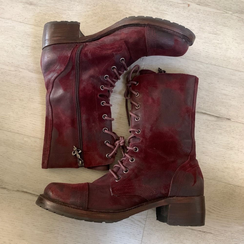 Lace-Up Mid-Calf Leather Boots - Red